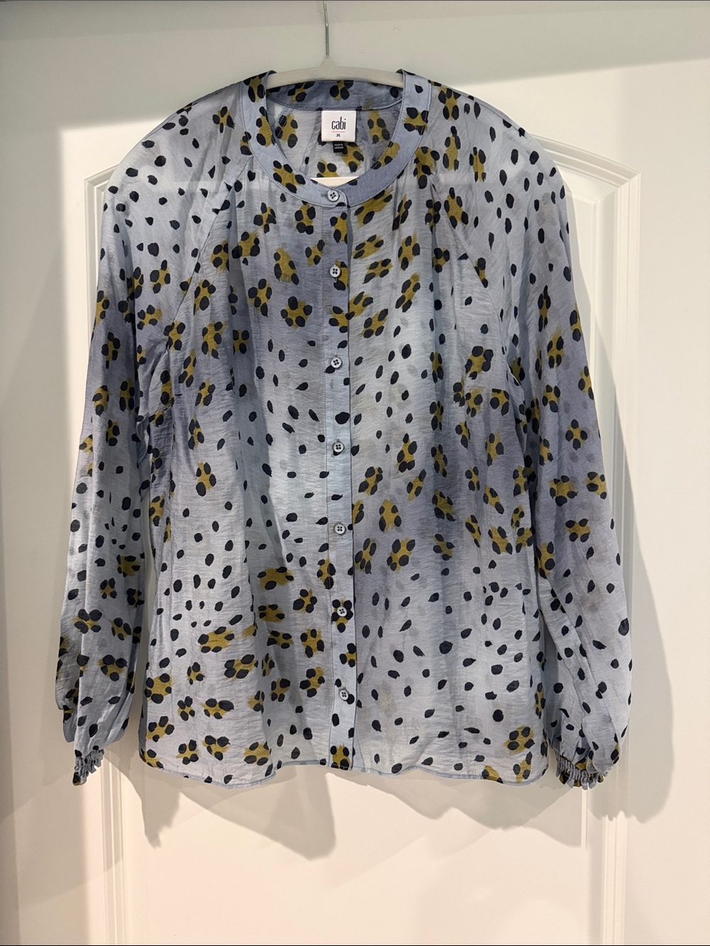 CAbi Light Gray Blouse with Navy and Olive Dot Print